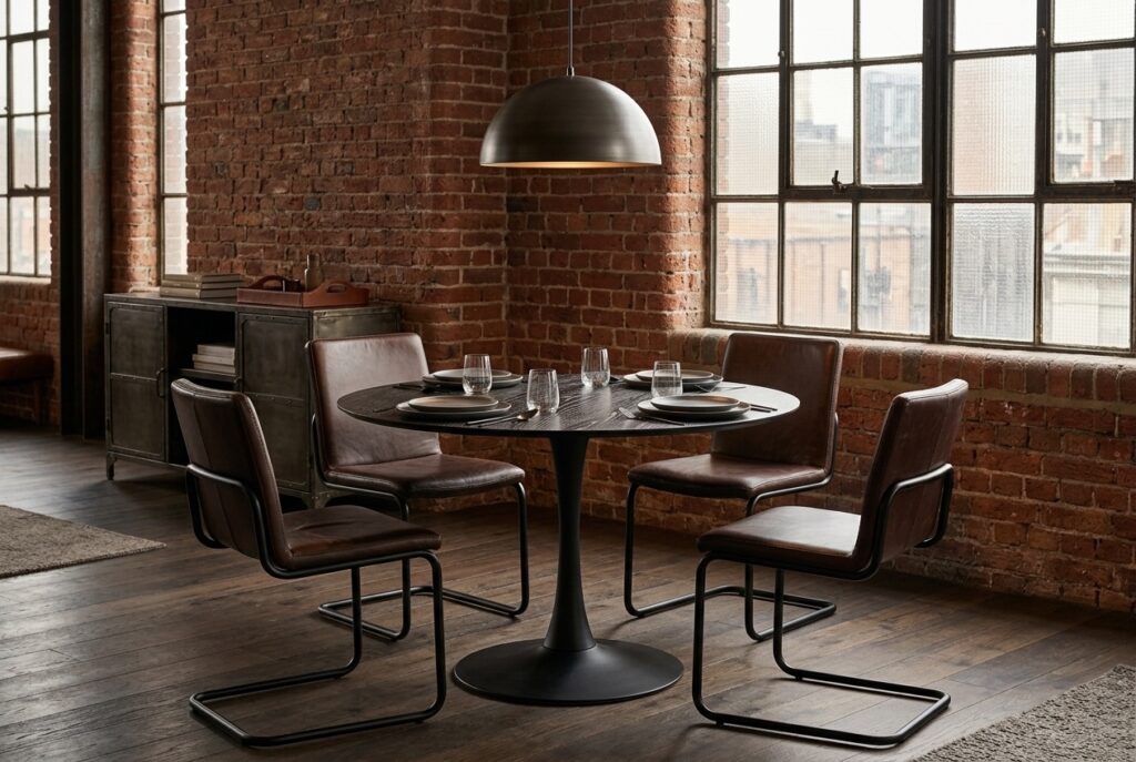 Eettafel RINGSTED Ø100 zwart essen fineer in een industrieel interieur, eetkamer