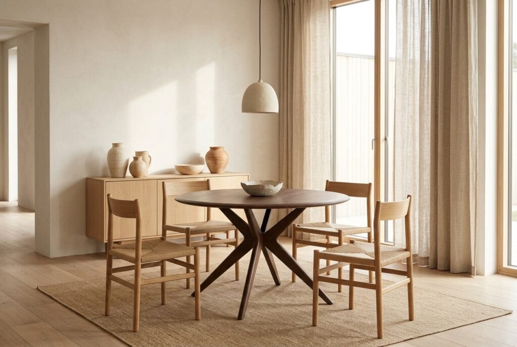Eettafel Sicilië Bruin in een japandi interieur, eetkamer