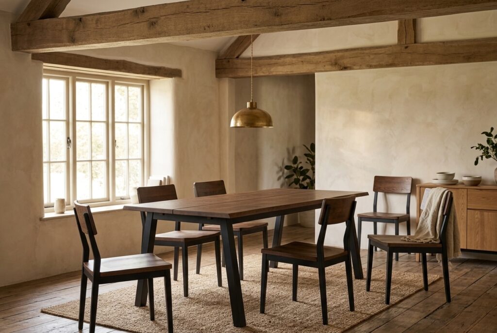 Eettafel SKOVLUNDE 90×200 donker eiken in een landelijk interieur, eetkamer
