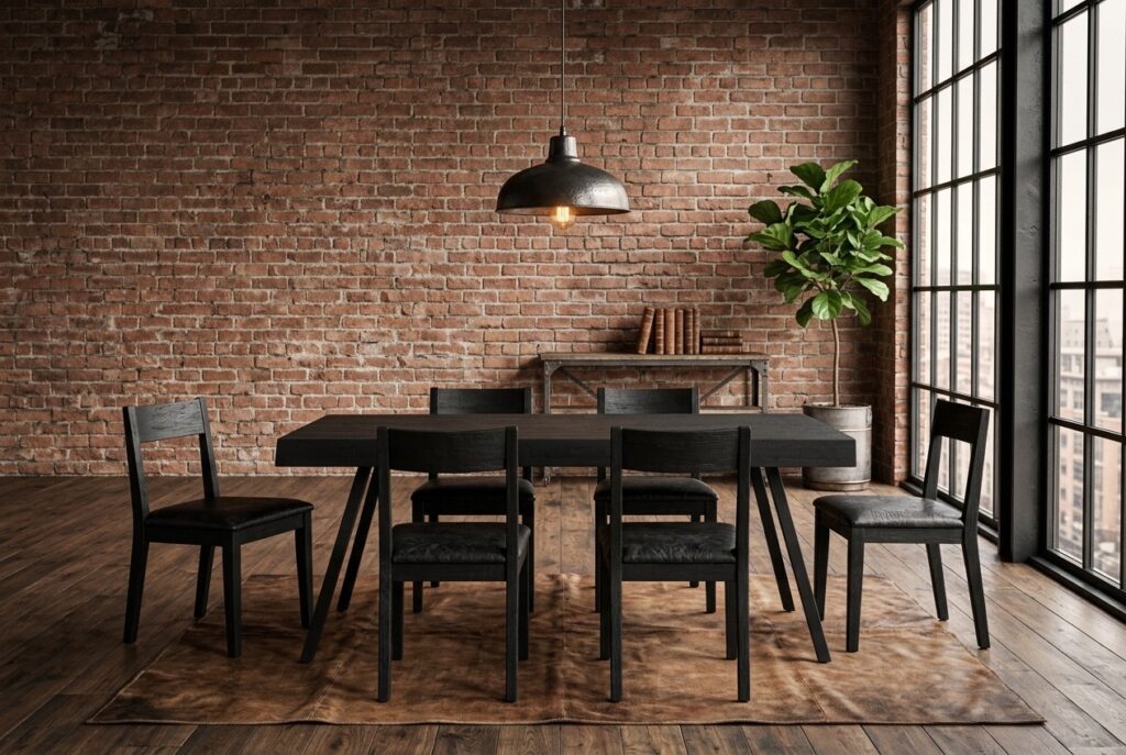 Eettafel Suri zwart 180 x 90 cm in een industrieel interieur, eetkamer