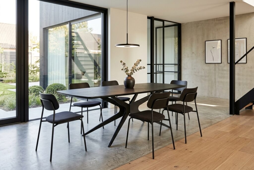 Eettafel Suzanne, zwart, 220×100 cm in een modern interieur, eetkamer
