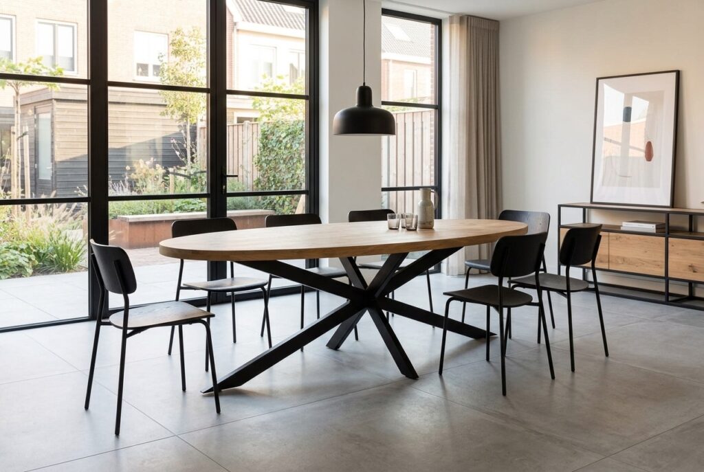 Eettafel Travis ovaal, mangohout, 240×120 cm in een modern interieur, eetkamer