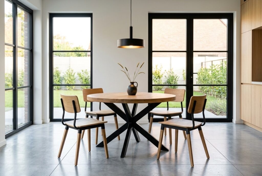 Eettafel Travis rond, mangohout, Ø120 cm in een modern interieur, eetkamer