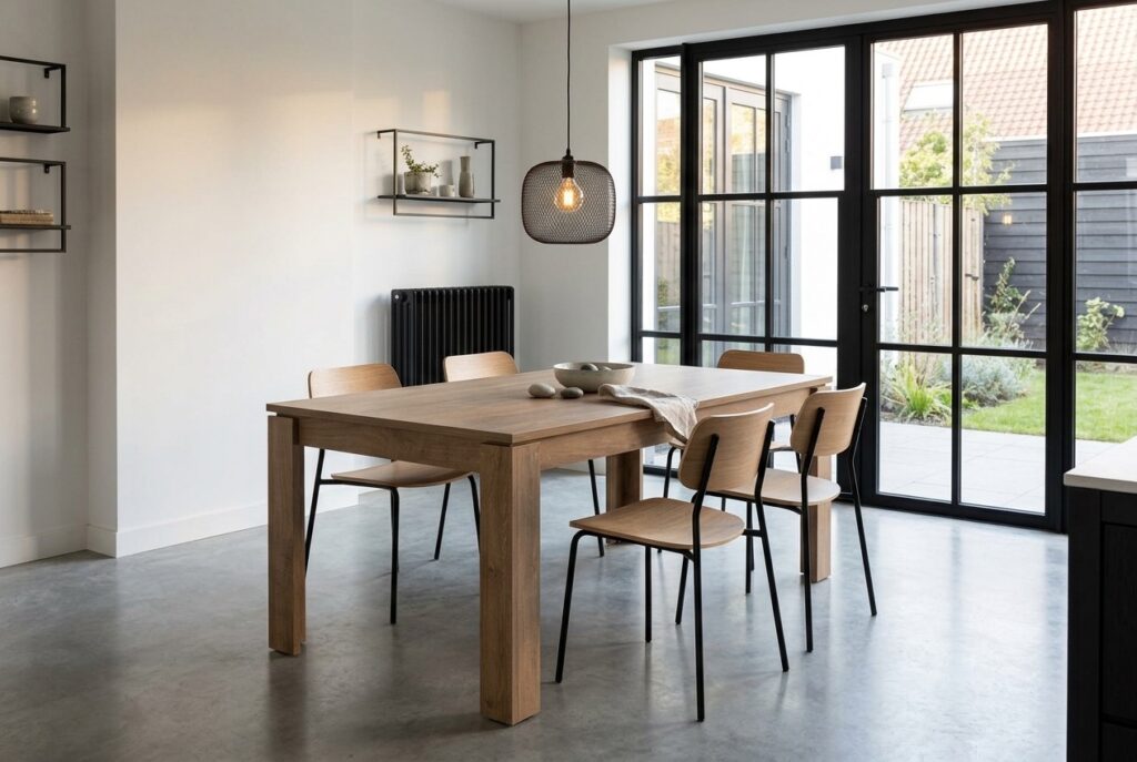 Eettafel VEDDE 90×160 wild donker eiken kleur in een modern interieur, eetkamer