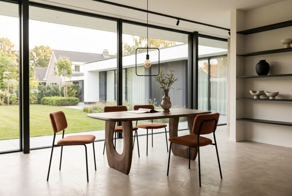 Eleonora Eettafel ‘Phoebe’ Mangohout in een modern interieur, eetkamer