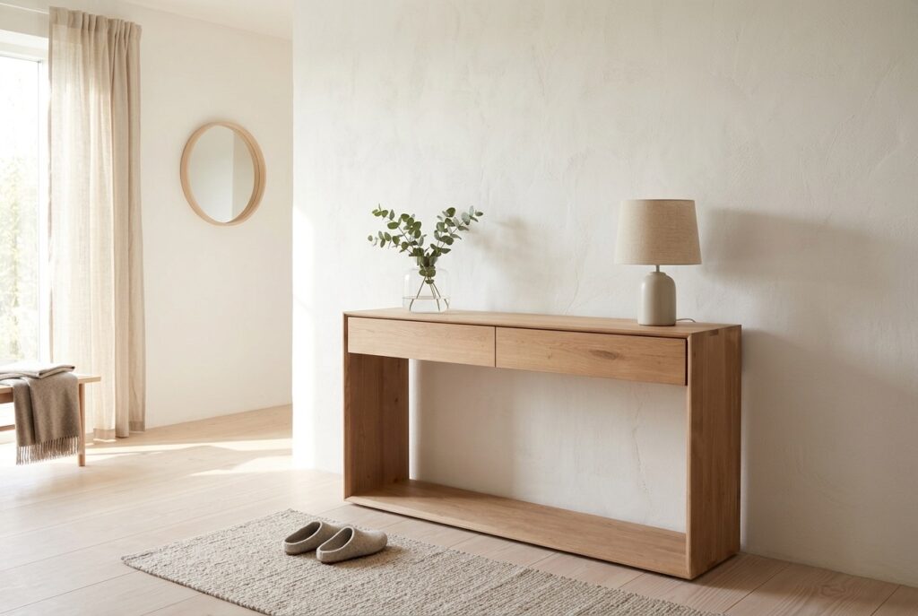 Ethnicraft Sidetable ‘Nordic’ Geolied Eikenhout in een scandinavisch interieur, hal