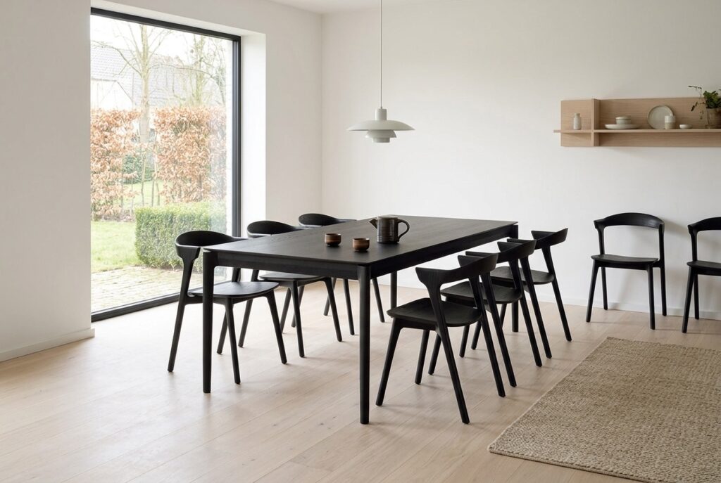 Ethnicraft Uitschuifbare Eettafel ‘Bok’ Gevernist Eikenhout, kleur Zwart in een scandinavisch interieur, eetkamer