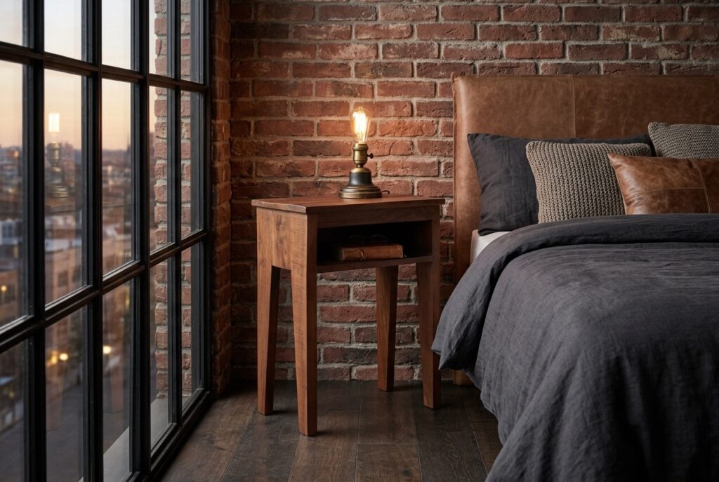 Factory Nachtkasje in een industrieel interieur, slaapkamer