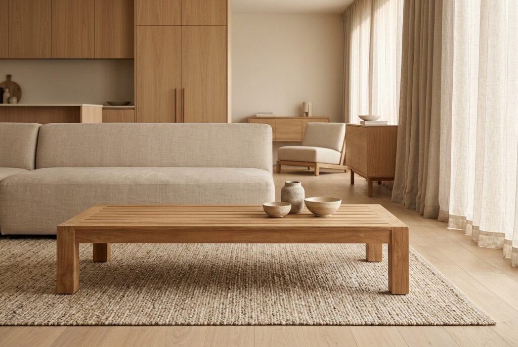 Forcanera salontafel in massief teakhout 150 x 71 cm in een japandi interieur, woonkamer