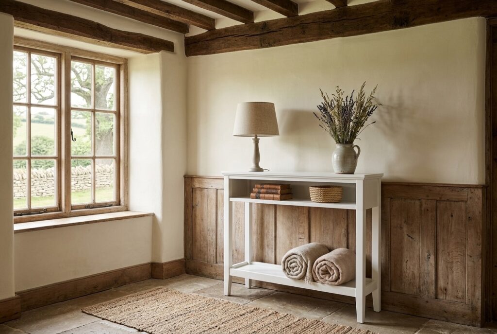IDANÄS Sidetable, wit 104x32x95 cm in een landelijk interieur, hal