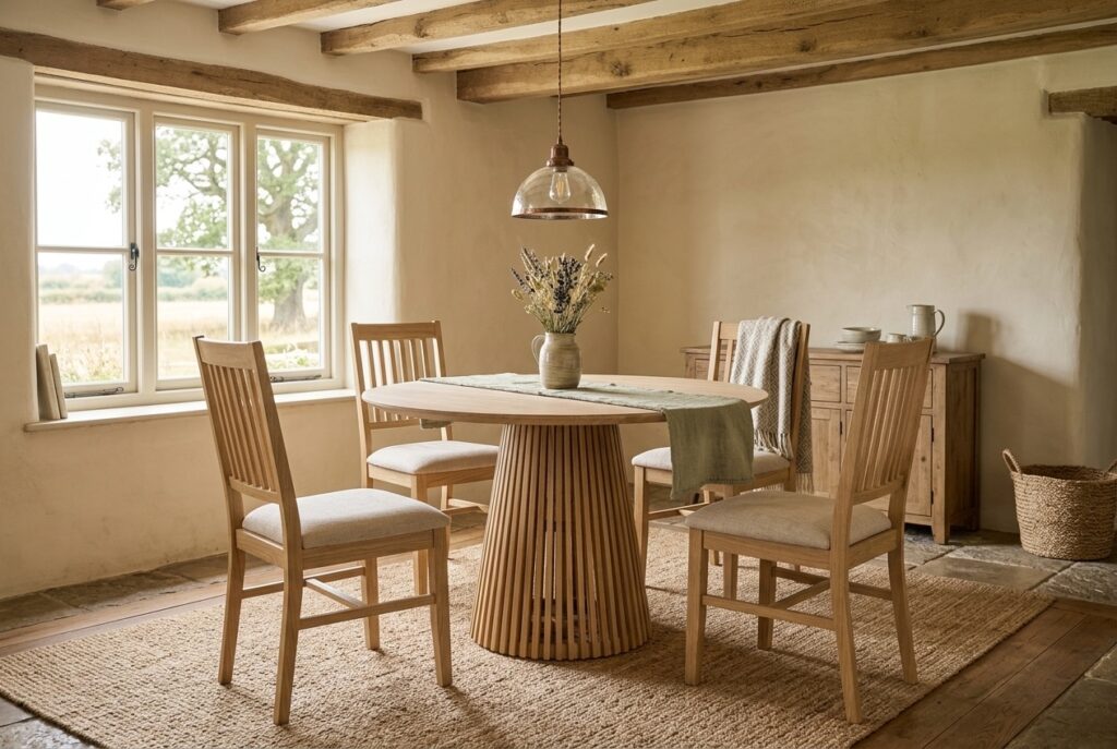 Jeanette Eettafel, Ø 120 cm, Naturel in een landelijk interieur, eetkamer