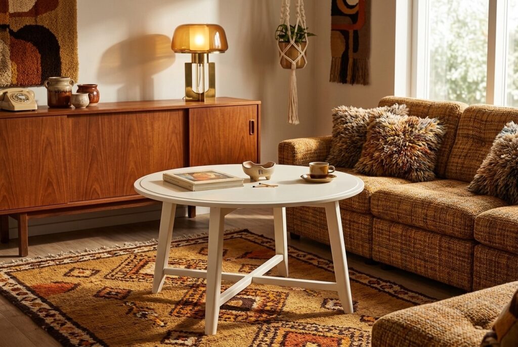 KRAGSTA Salontafel, wit 90 cm in een retro interieur, woonkamer