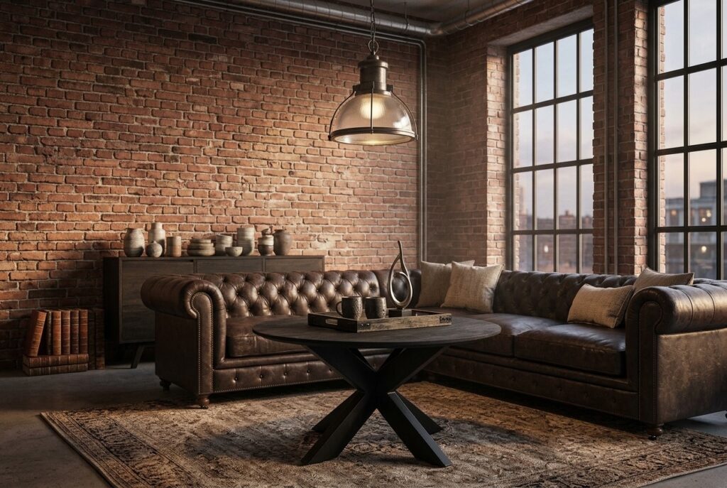 LABEL51 Ronde Salontafel ‘Otis’ Mangohout, 80cm in een industrieel interieur, woonkamer