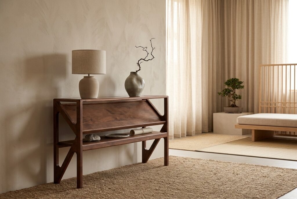 Light & Living Sidetable ‘Yuki’ Hout en glas, 119cm in een japandi interieur, hal