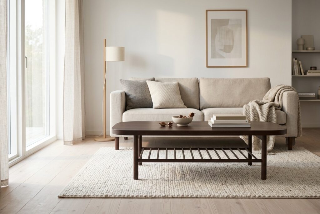 LISTERBY Salontafel, donkerbruin beukenfineer 140×60 cm in een scandinavisch interieur, woonkamer