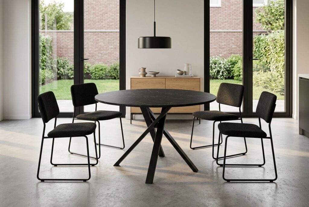 MARIEDAMM Tafel, zwart marmerpatroon 105 cm in een modern interieur, eetkamer