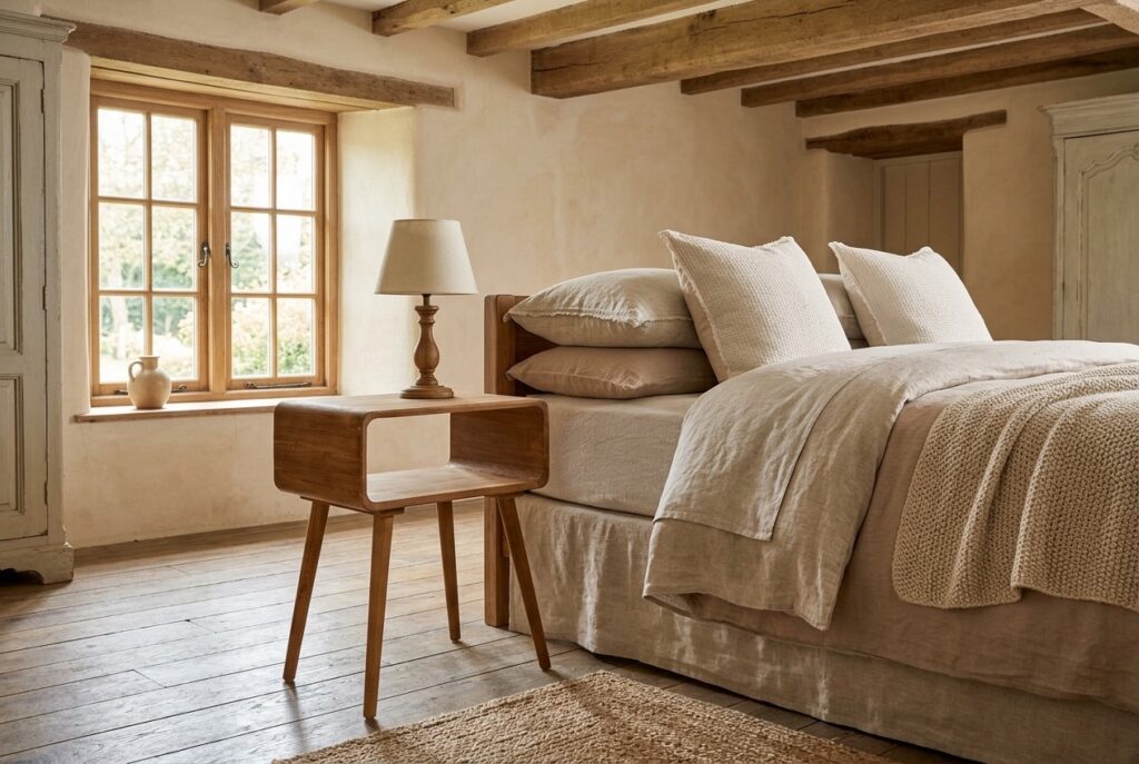 Nachtkastje Imola Naturel in een landelijk interieur, slaapkamer
