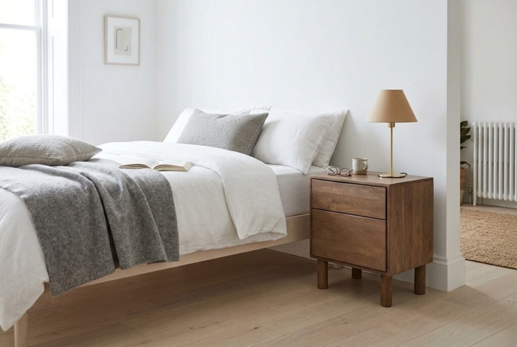 Nachtkastje Liana, Bruin, Mangohout, 50x38x57cm in een scandinavisch interieur, slaapkamer