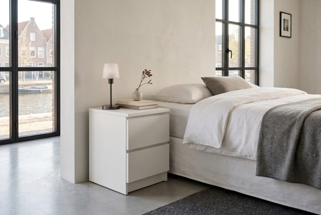 Nachtkastje LIMFJORDEN 2 lades wit in een modern interieur, slaapkamer