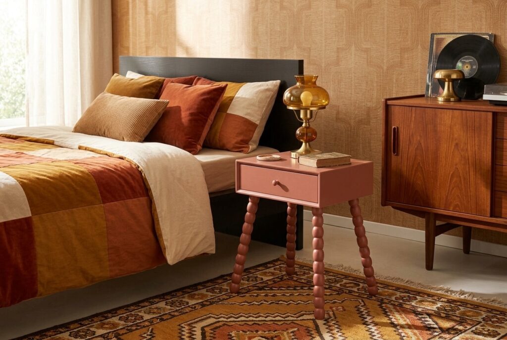 Nachtkastje Lozio Roest in een retro interieur, slaapkamer
