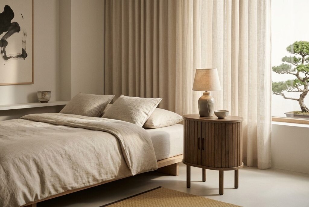 Nachtkastje LYNGVIG 2 tambour deuren donker eiken in een japandi interieur, slaapkamer