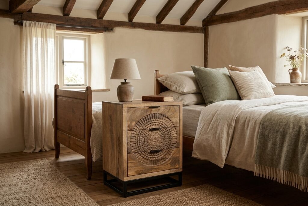 Nachtkastje Morada naturel in een landelijk interieur, slaapkamer