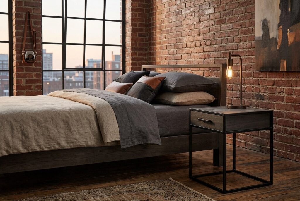 Nachtkastje Toscane ø 40 cm in een industrieel interieur, slaapkamer