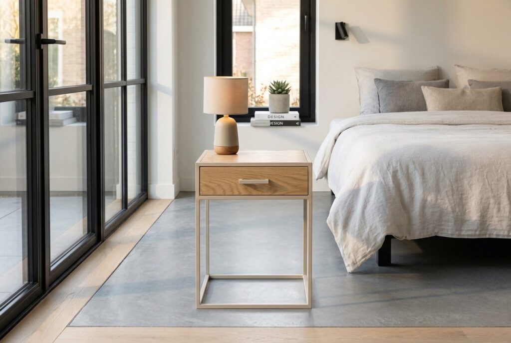 Nachtkastje Toscane Naturel 40 cm in een modern interieur, slaapkamer