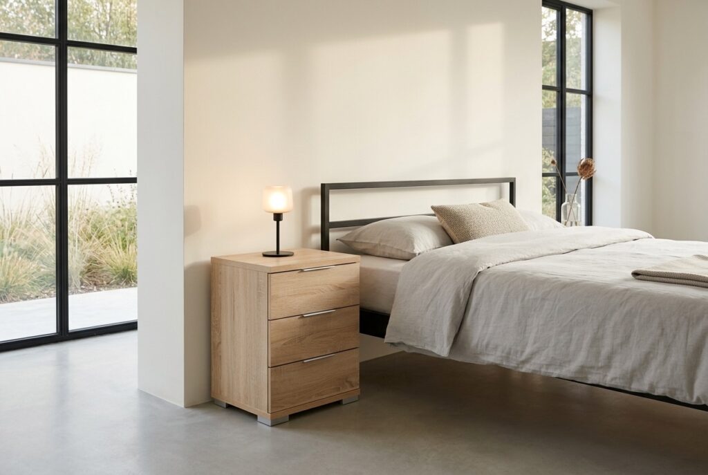 Nachtkastje Valencia, 3 lades, eikenkleur in een modern interieur, slaapkamer