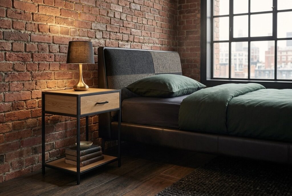 Nachtkastje Vic Naturel in een industrieel interieur, slaapkamer