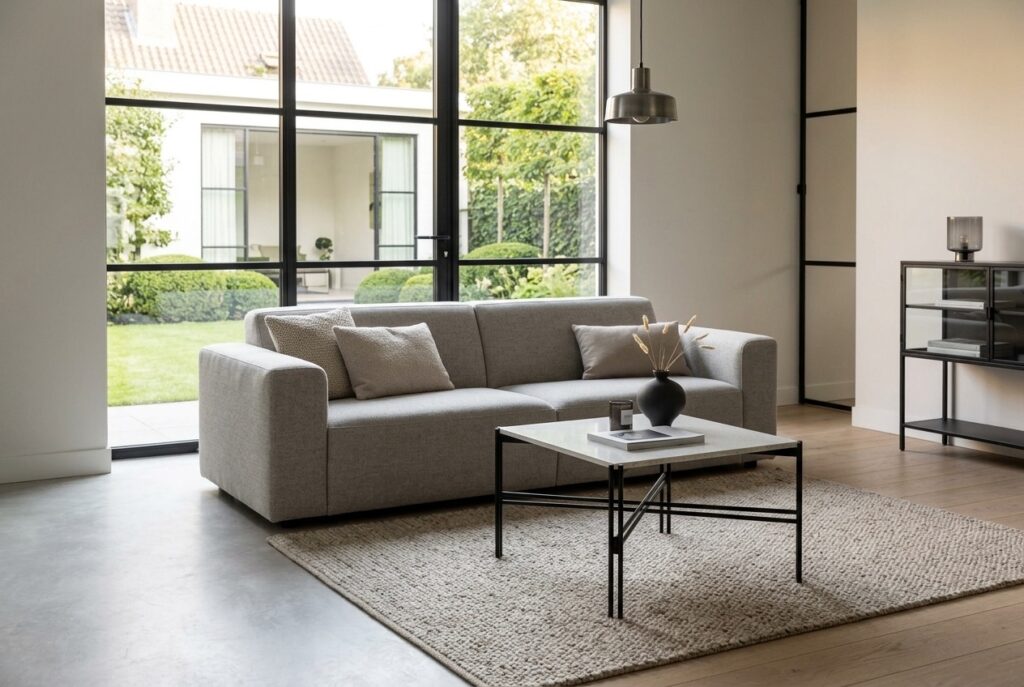 Nohr Salontafel ‘Yasemin’ Terrazzo, 75 x 75cm in een modern interieur, woonkamer