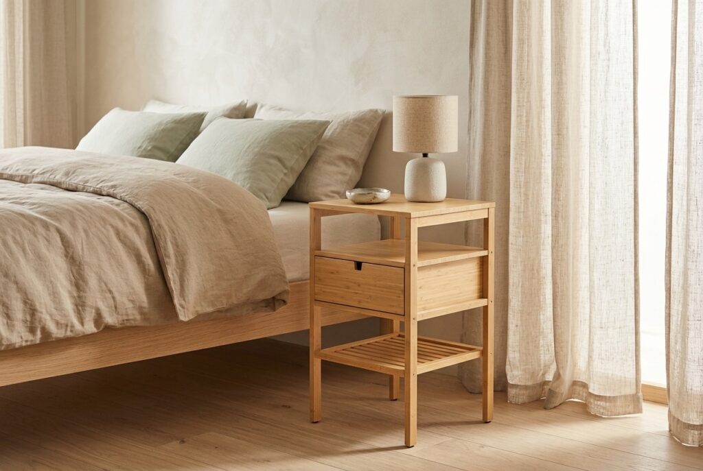 NORDKISA Nachtkastje, bamboe 40×40 cm in een japandi interieur, slaapkamer