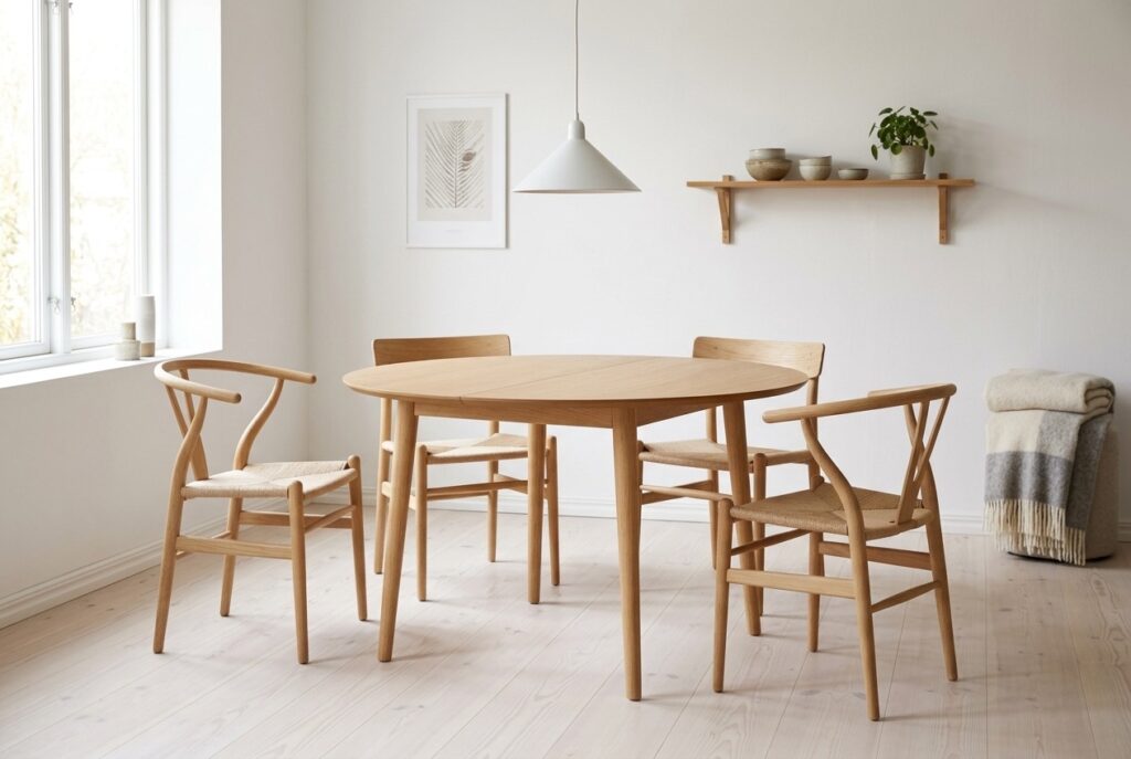 Oqui Eettafel Uitschuifbaar Rond, 120|200 x 120 cm, Eiken in een scandinavisch interieur, eetkamer