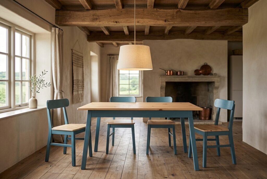 PINNTORP Tafel, lichtbruin gelazuurd/blauw gevlekt grenen 125×75 cm in een landelijk interieur, eetkamer