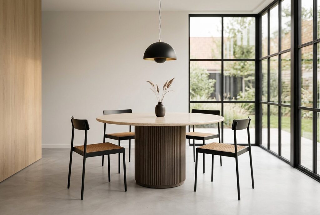 Rivièra Maison Ronde Eettafel ‘Villanova’ Travertin en mangohout, 130cm in een modern interieur, eetkamer