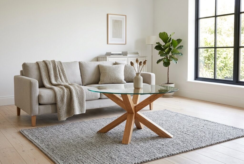 Salontafel AGERBY 60×100 glas/naturel eiken in een scandinavisch interieur, woonkamer
