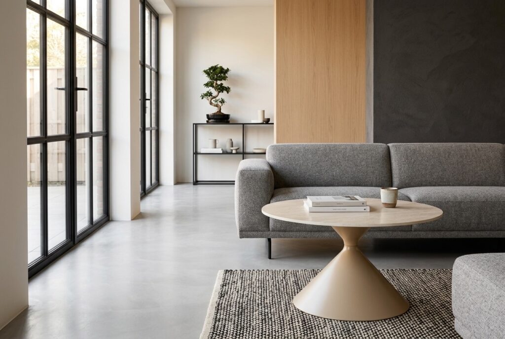 Salontafel Anisa beige Ø70 cm in een modern interieur, woonkamer