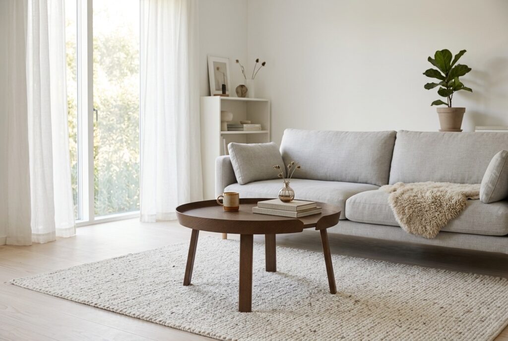 Salontafel Around large stained dark brown in een scandinavisch interieur, woonkamer