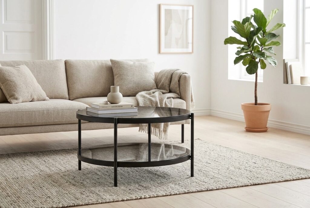 Salontafel Bayo, transparant, 42xØ75 cm in een scandinavisch interieur, woonkamer