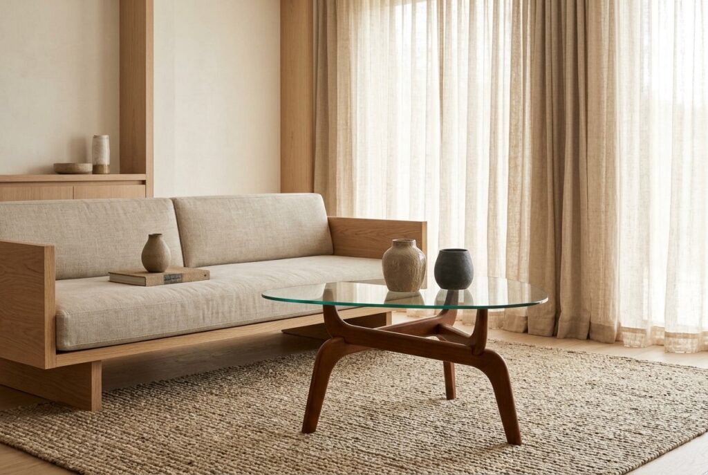 Salontafel Breno Bruin Eiken in een japandi interieur, woonkamer