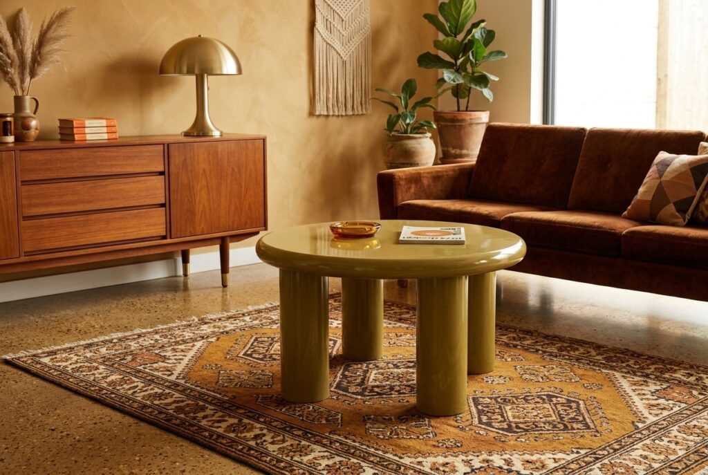 Salontafel Brynn groen in een retro interieur, woonkamer
