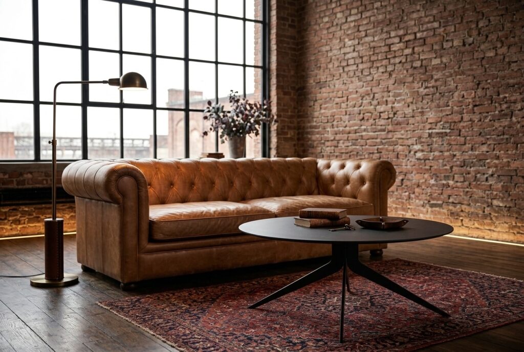 Salontafel Darrel ø 78 cm, zwart in een industrieel interieur, woonkamer