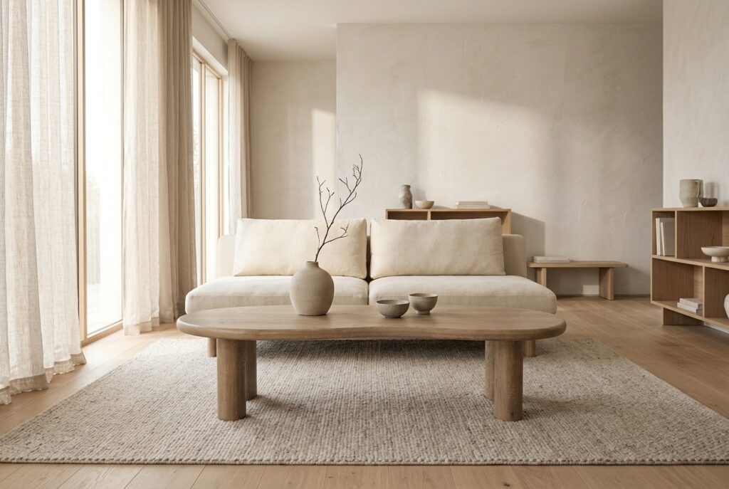 Salontafel Juna bruin in een japandi interieur, woonkamer