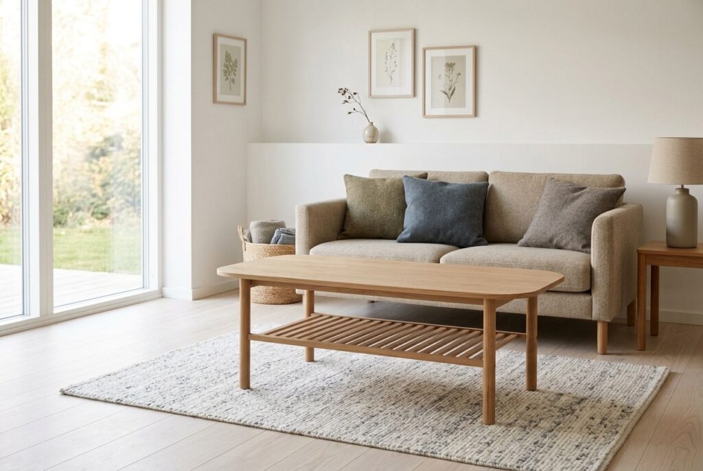 Salontafel LYNGVIG 70×130 1 schap naturel eiken in een scandinavisch interieur, woonkamer