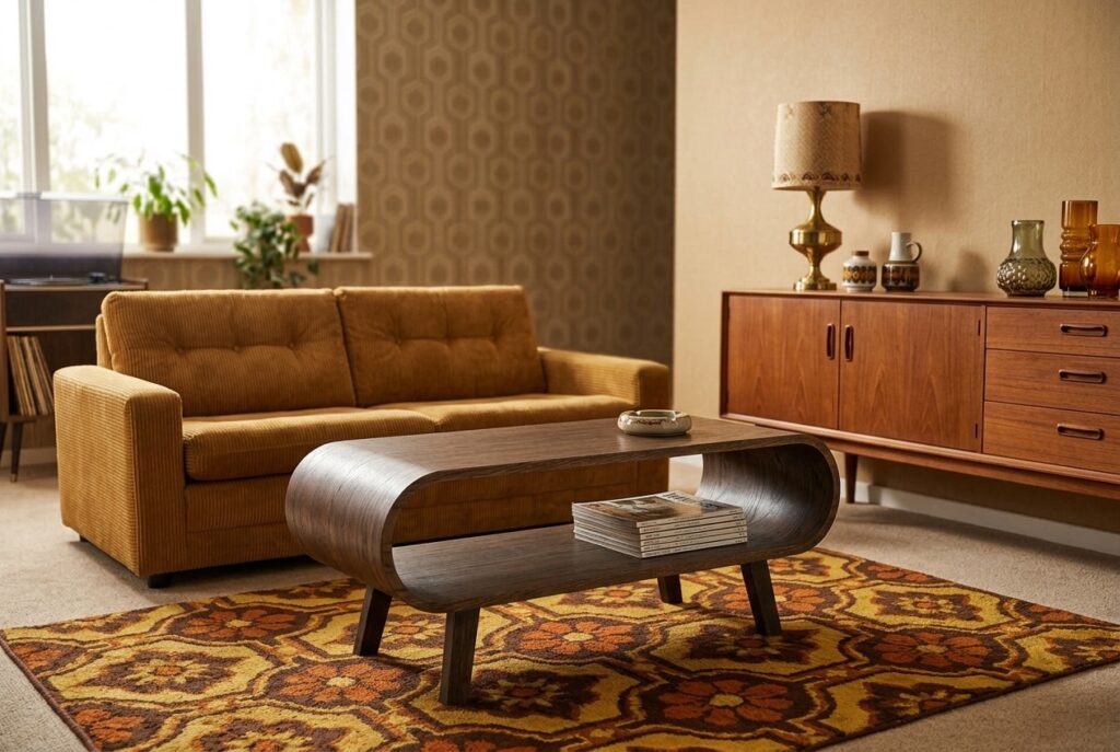 Salontafel Matteo, walnoot, 37x90x55 cm in een retro interieur, woonkamer