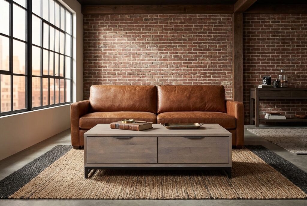 Salontafel Max in een industrieel interieur, woonkamer