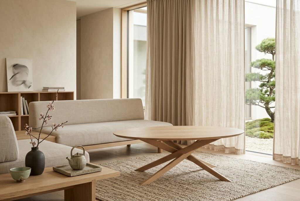 Salontafel Mikado eiken 143×67 cm in een japandi interieur, woonkamer