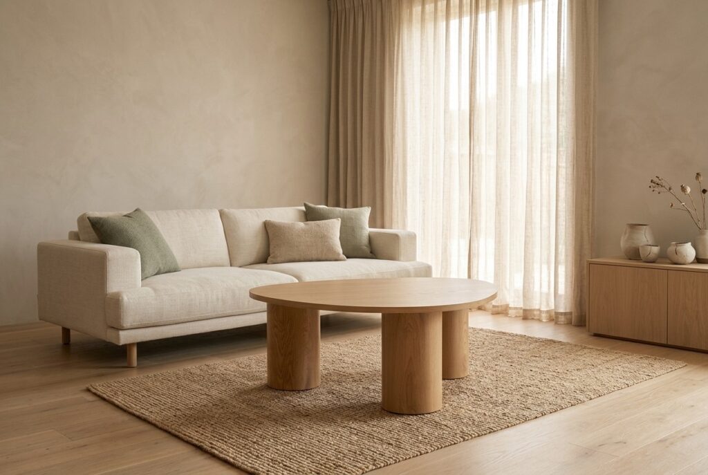 Salontafel RAVNSBJERG 90×90 warm eiken kleur in een japandi interieur, woonkamer