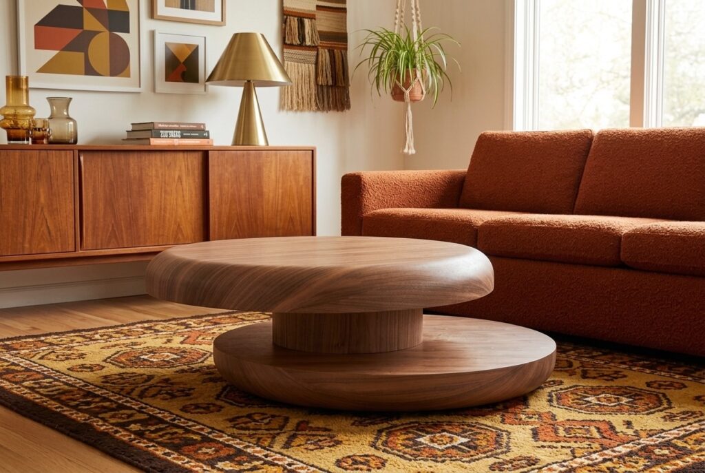 Salontafel Sakana draaibaar Walnoot in een retro interieur, woonkamer