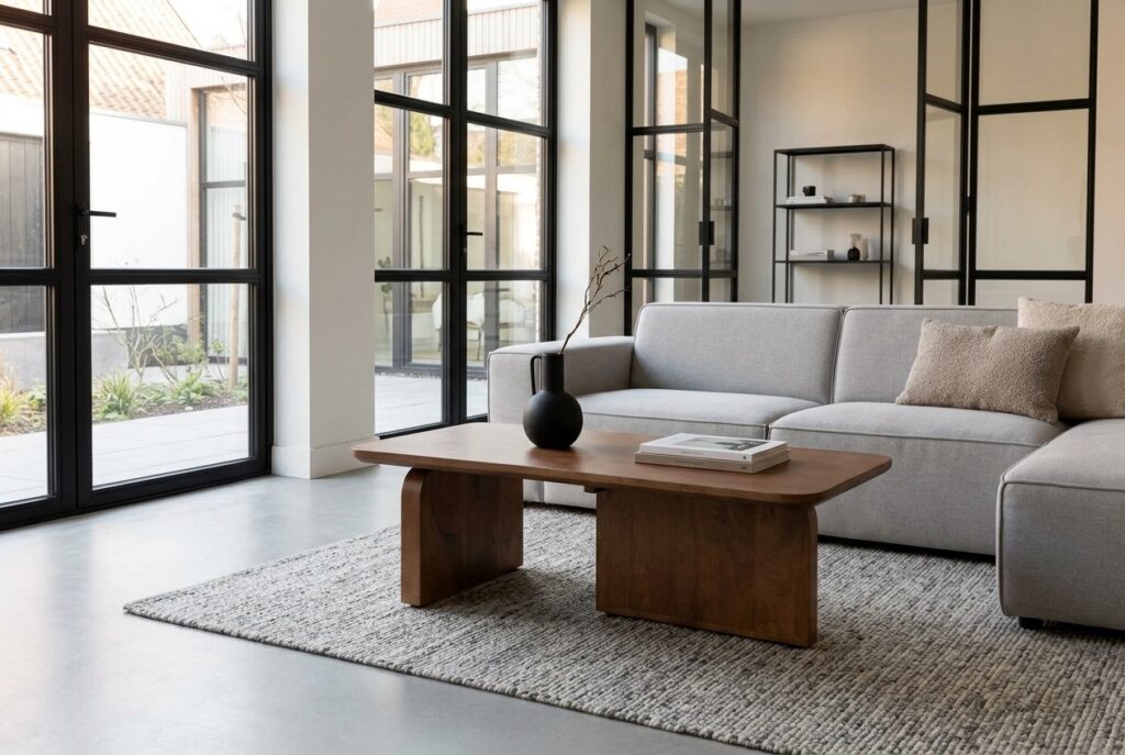 Salontafel Sandro, walnoot, 33x99x56 cm in een modern interieur, woonkamer